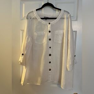 White linen button front tunic, wooden buttons, roll up sleeves